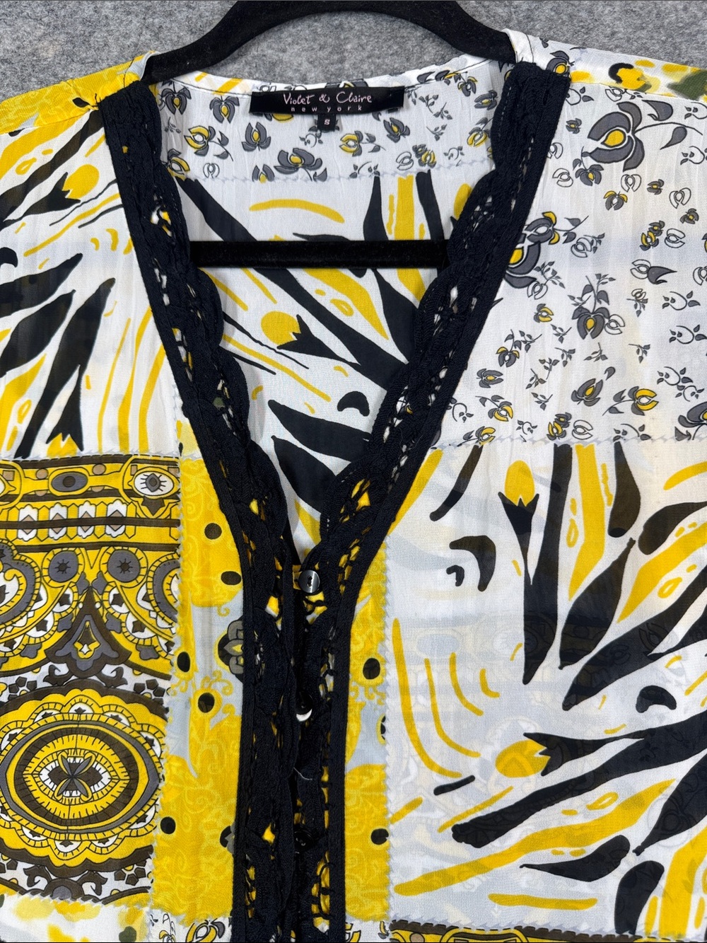 Violet & Claire Patchwork Print Y2K Blouse Yellow Black Small Boho Peplum Top - Picture 3 of 12